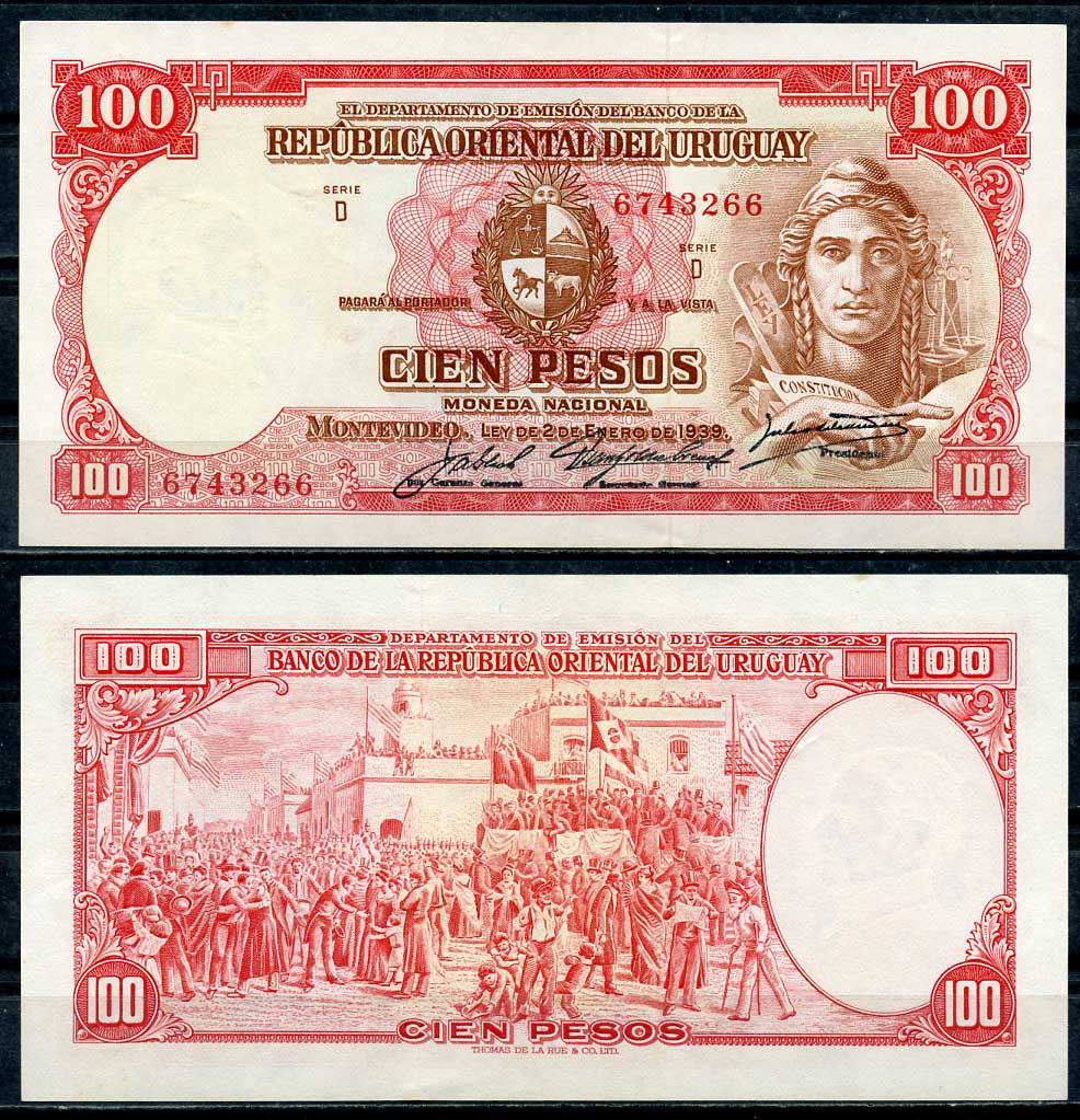Уругвай 100 песо 1939 конституция, приведение к присяге Конституции, 1830 год, серия D, por Gerente General Pick 39 c (1)  бумага  UNC (пресс) 451-36-1
