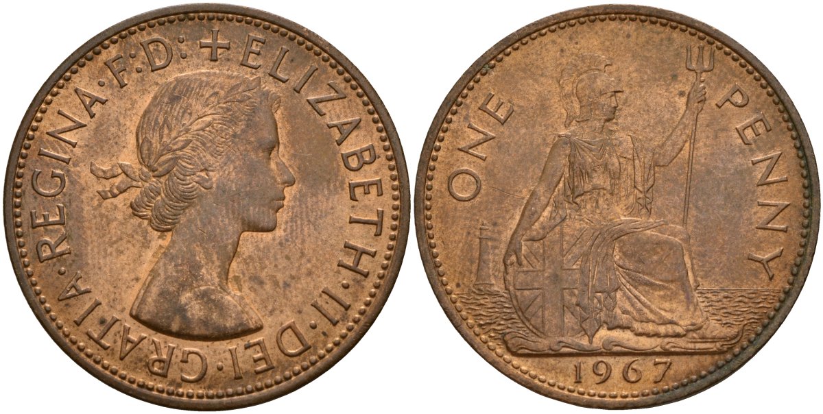 Великобритания 1 пенни 1967 Елизавета II (1952-2022) KM 897, Spink 4157 бронза 189-613