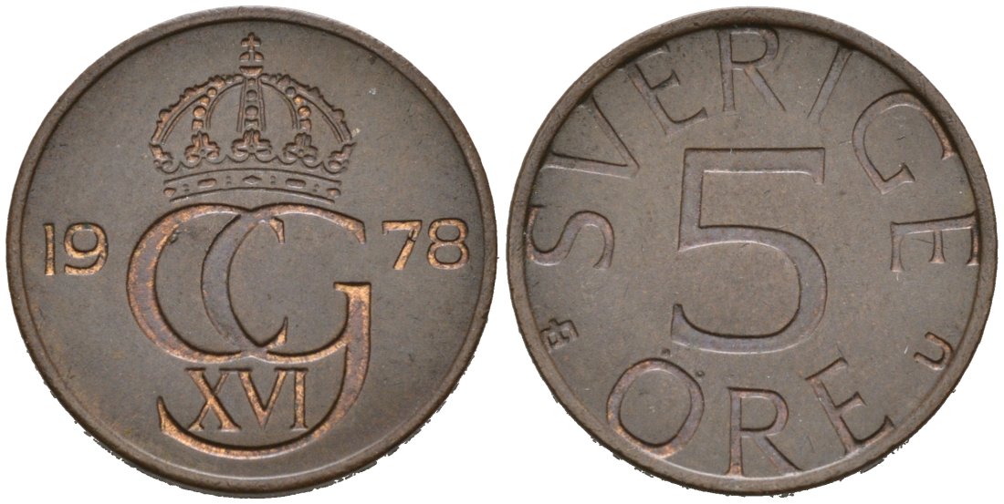 Швеция 5 эре 1978 Карл XVI Густав (1973- ) KM 849 бронза 4564-738