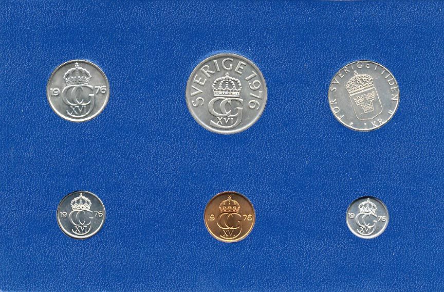 Швеция набор монетного двора из 6 монет 1976 в картоне, Карл XVI Густав (1973- ) KM MS4 UNC 7-5-7-217