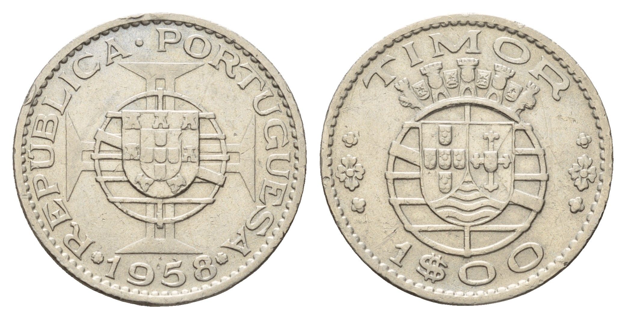 Португальский Тимор 1 эскудо 1958 год-тип KM 13 медь цинк никель 4671-753