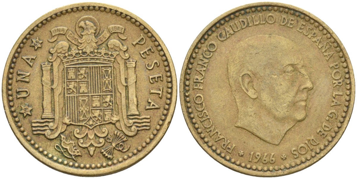 Испания 1 песета 1966 (69) Франсиско Франко (1939-1975) KM 796 алюминиевая бронза 4604-346