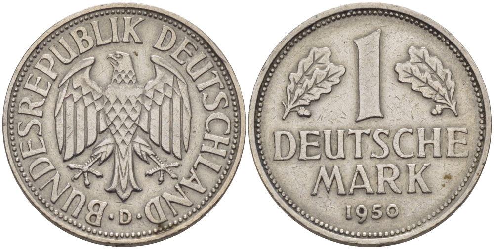 ФРГ 1 марка 1950 D, KM 110, J. 385 медно-никель 67-744
