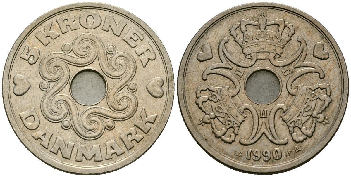 Дания 5 крон 1990 Маргрете II (1973 - 1988) KM 869 медно-никель 111-312