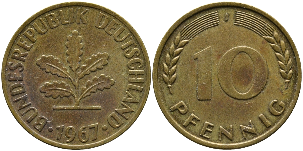ФРГ 10 ПФЕННИГОВ 1967 J KM 108, J. 383 сталь плакированная латунью 98-415