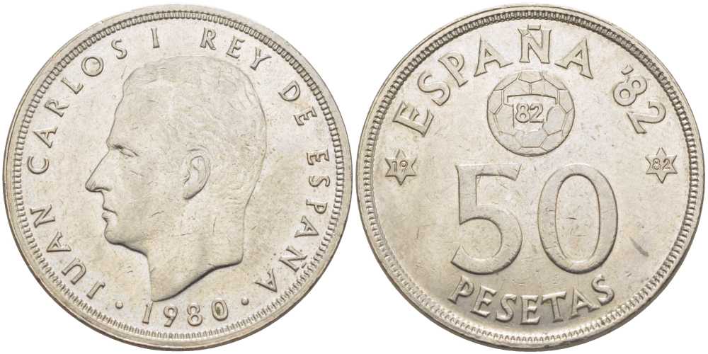 Испания 50 песет 1980 (82) чемпионат мира по футболу в Испании 1982 года, Хуан Карлос I (1975-) KM 819 медно-никель 180-1241