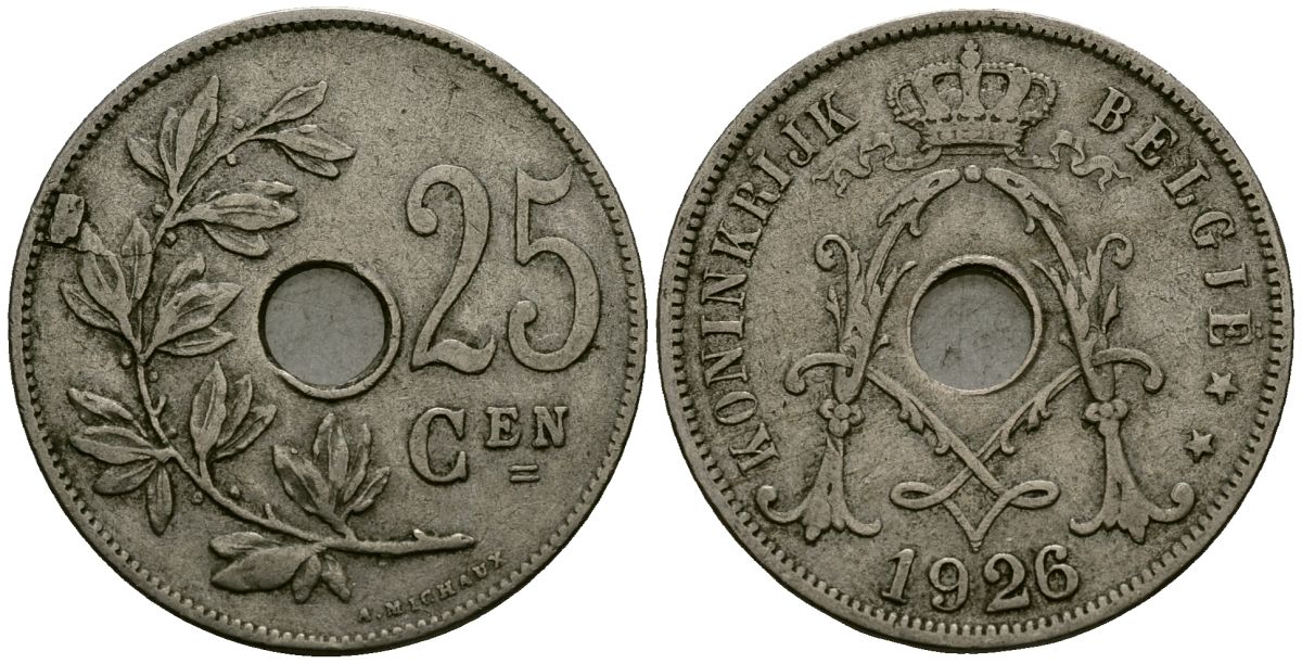 Бельгия 25 сантимов 1926 Belgie KM 69 медно-никель 4165-925