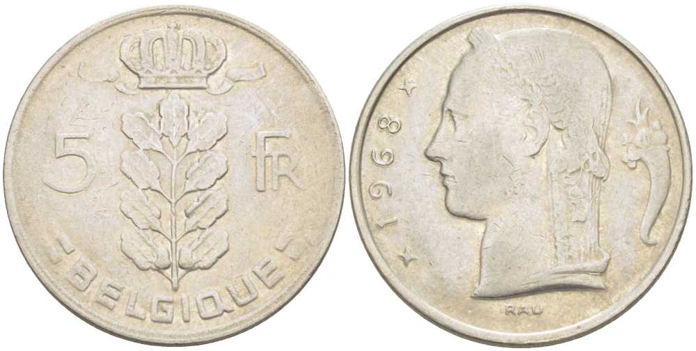 БЕЛЬГИЯ 5 ФРАНКОВ 1968 BELGIQUE, БОДУЭН I (1951-1993) KM 134.1 медно-никель 213-556