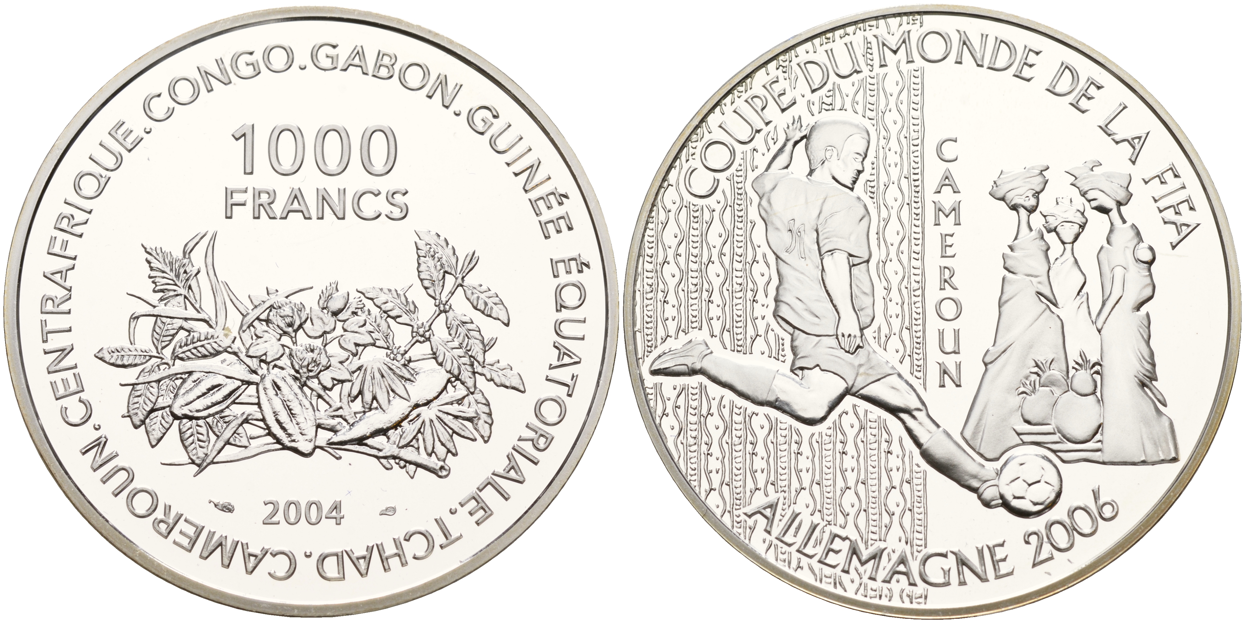 Центральная Африка (BEAC) 1000 франков 2004 чемпионат мира по футболу в Германии FIFA Камерун, 2006 KM 23 серебро PROOF 11-244-45