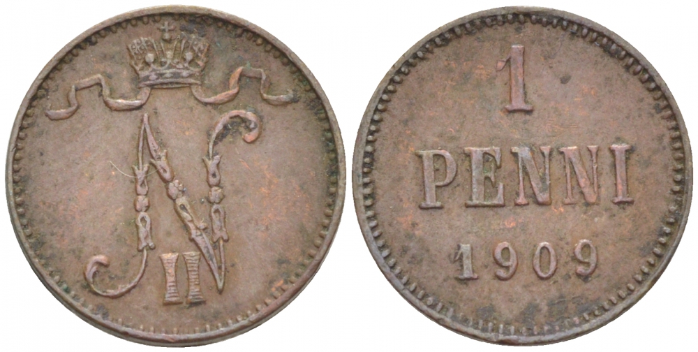 Россия для Финляндии 1 пенни 1909 Николай II (1894-1917) KM 13, Биткин 470 медь 4396-1318