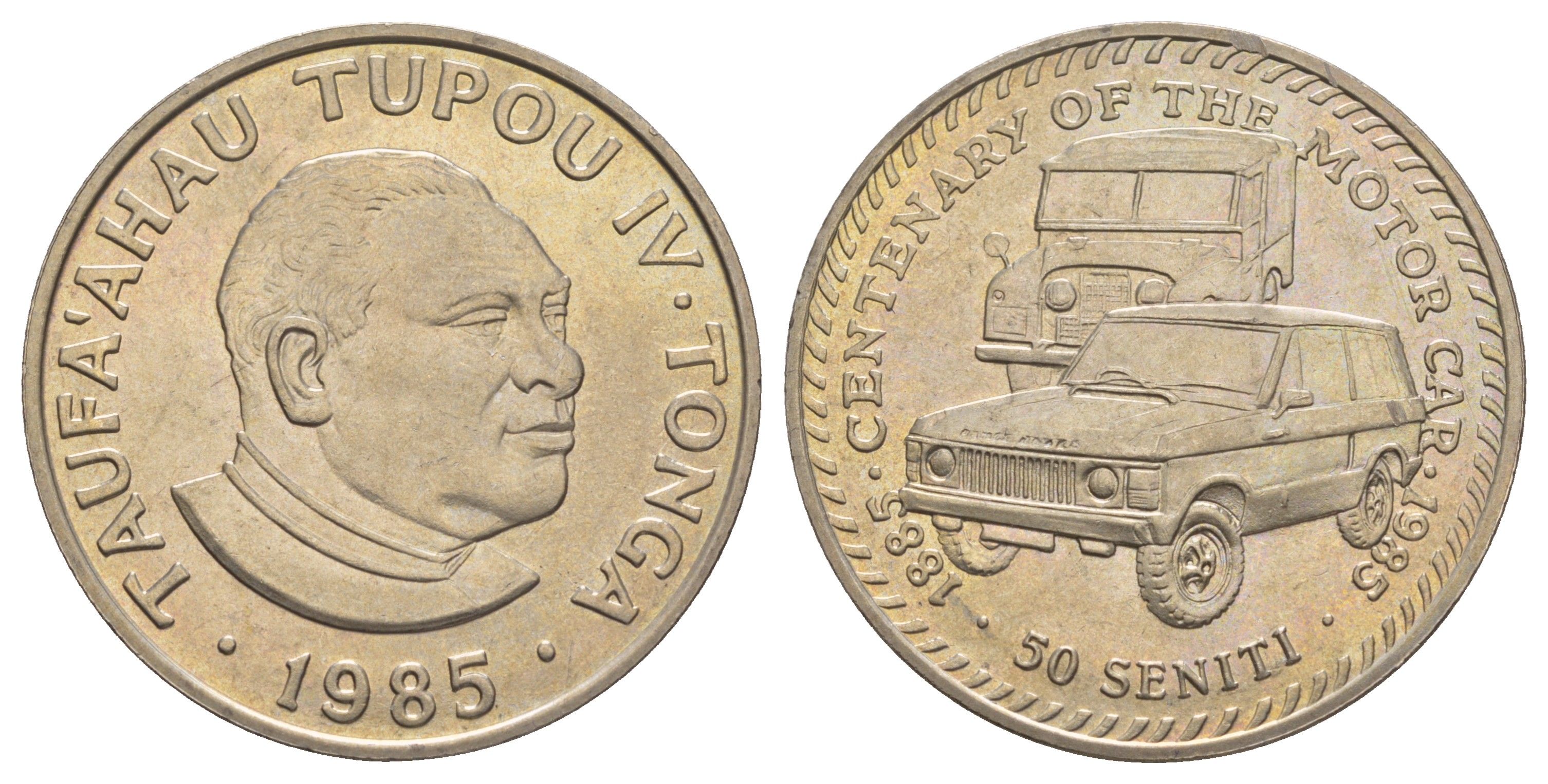 Тонга 50 сенити 1985 100 лет автоиндустрии, Range Rover и Land Rover KM 83 медно-никель BU 413-4645