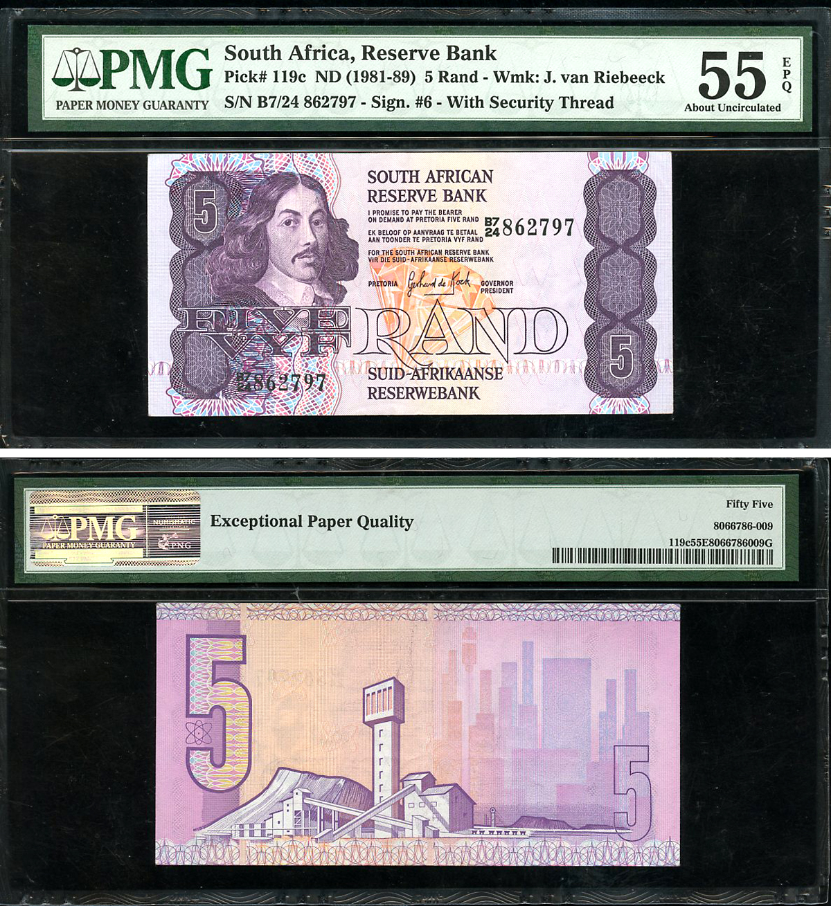 ЮАР 5 рандов ND (1981-89) Бартоломеус Вермуйден, шахты, английский-африкаанс, в слабе PMG 55 About Uncirculated Pick 119 c бумага  aUNC  452-1-59