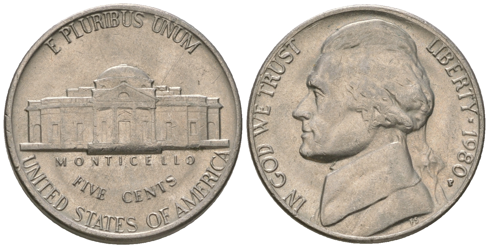 США 5 центов 1980 P, Джеферсон KM А192 медно-никель 4622-715