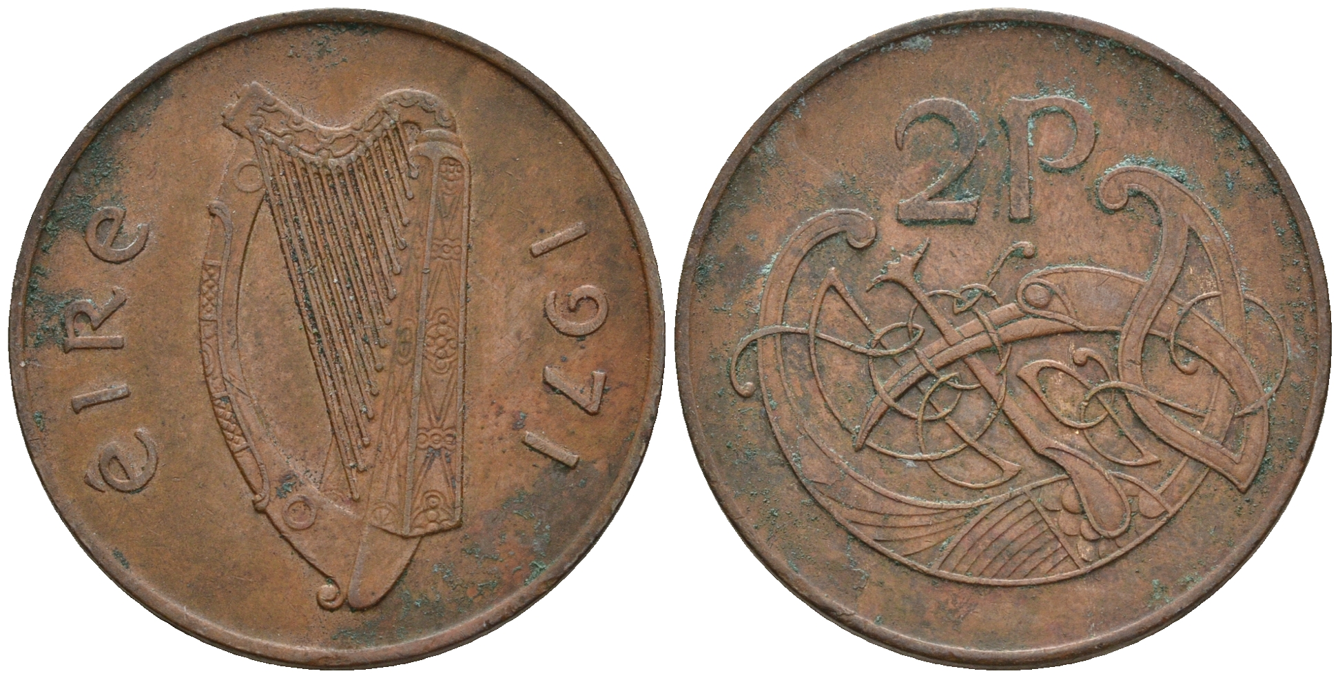 Ирландия 2 пенса 1971 виньетка в виде стилизованной птицы из второй библии Карла II лысого KM 21 бронза 259-1111