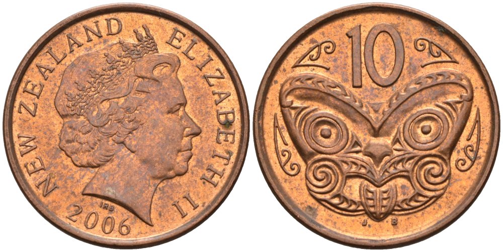 Новая Зеландия 10 центов 2006 Елизавета II (1952-2022), маска маори KM 117а сталь плакированная медью 106-1013