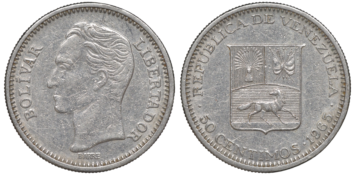 Венесуэла 50 сентимо 1965 Симон Боливар KM 41, Schon 51 никель 4610-813