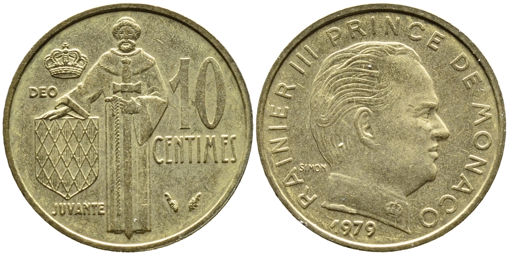 Монако 10 сантимов 1979 Ренье III (1949-2005) KM 142 алюминиевая бронза 4393-1241
