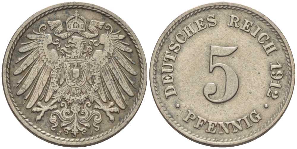 ГЕРМАНИЯ 5 ПФЕННИГОВ 1912 J KM 11, J. 12, Weege 6 медно-никель 211-558