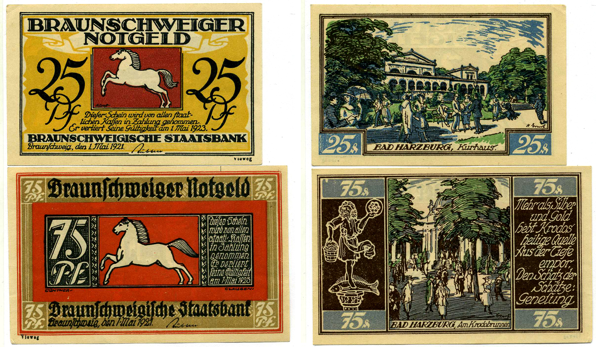 ВЕСТФАЛИЯ НАБОР ИЗ 2 БАНКНОТ 1 МАЯ 1921 - 1 МАЯ 1923, НОТГЕЛЬД (50, 75 ПФЕННИГОВ), ЗЕМЛЯ СЕВЕРНЫЙ РЕЙН-ВЕСТФАЛИЯ, СЕРИЯ BAD HARZBURG Grabowski 155.3 бумага 2193-8-1-1