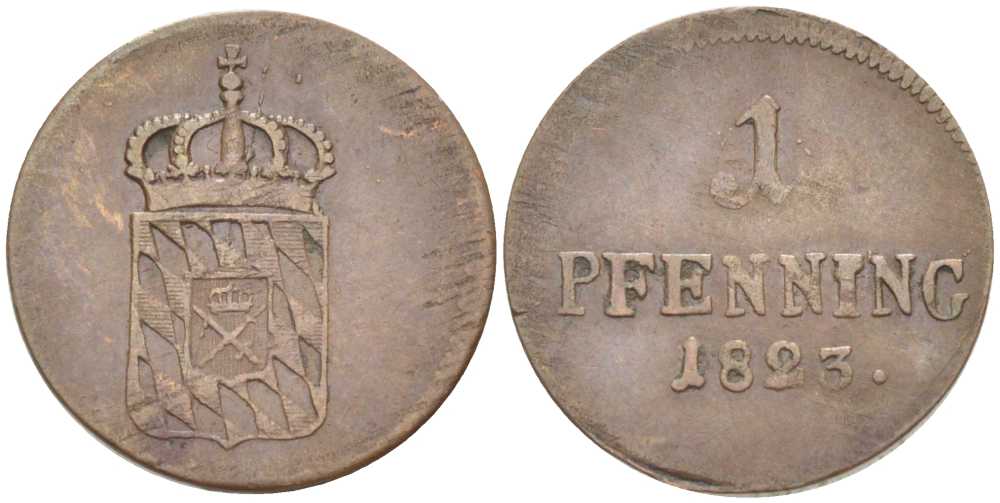 Бавария 1 пфенниг 1823 Максимилиан I Иосиф (1806-1825) КМ 341 медь 201-243