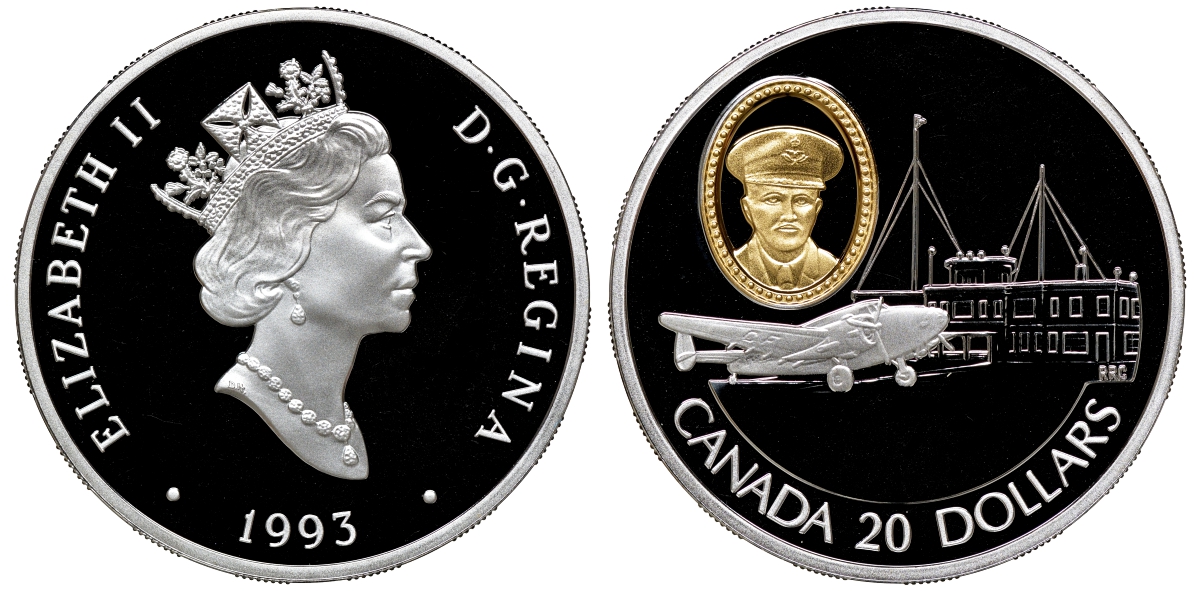 Канада 20 долларов 1993 самолет Локхид 14 Супер Электра и летчик Зебулон Льюис Ли (Льюи) KM 237 серебро, позолота PROOF 7-5-4-13