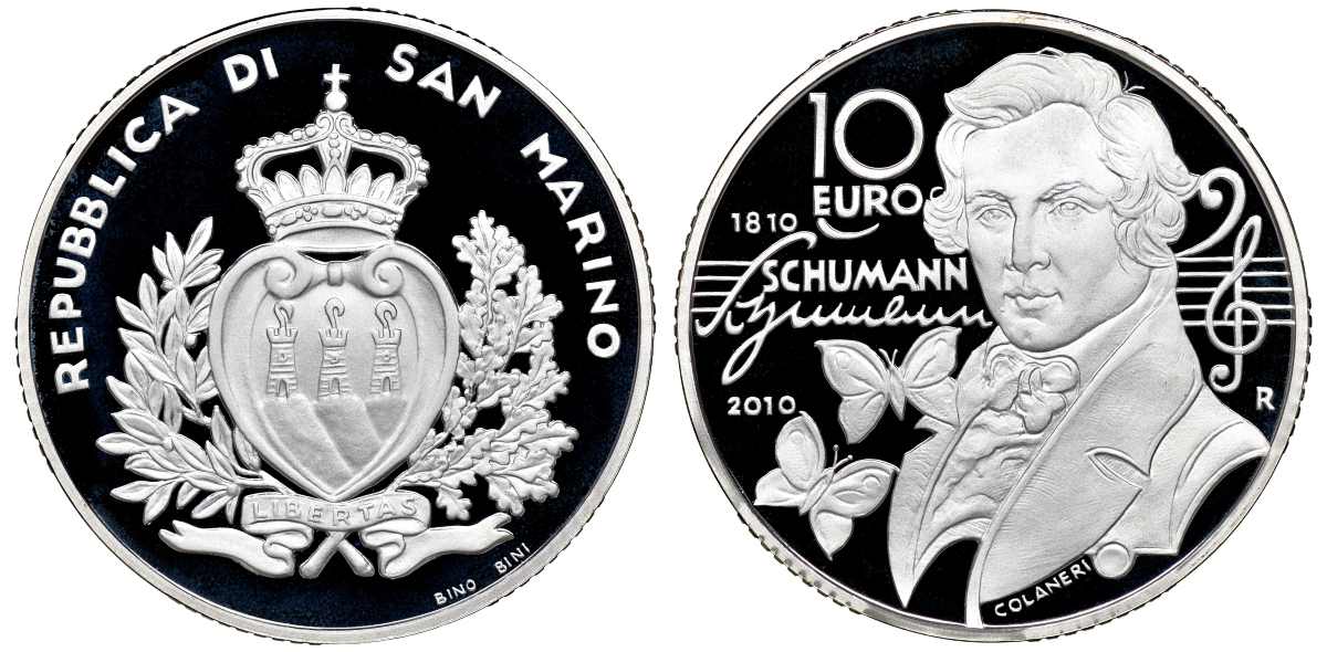 Сан-Марино 10 евро 2010 200 лет со дня рождения Роберта Шумана, коробка, сертификат KM NEW серебро PROOF 00-00