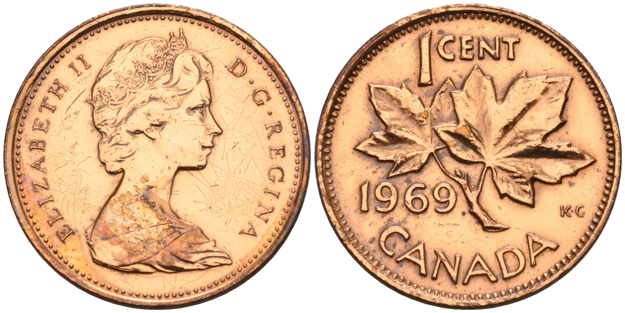 Канада 1 цент 1969 Елизавета II (1952-2022), кленовый лист KM 59.1 бронза 4115-257