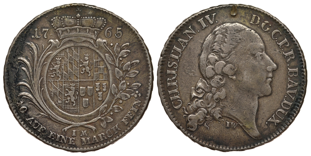 Пфальц-Биркенфельд-Цвейбрюккен 1 талер 1765 IM, Кристиан IV KM 47, Dav. 2552 серебро 00-809-24