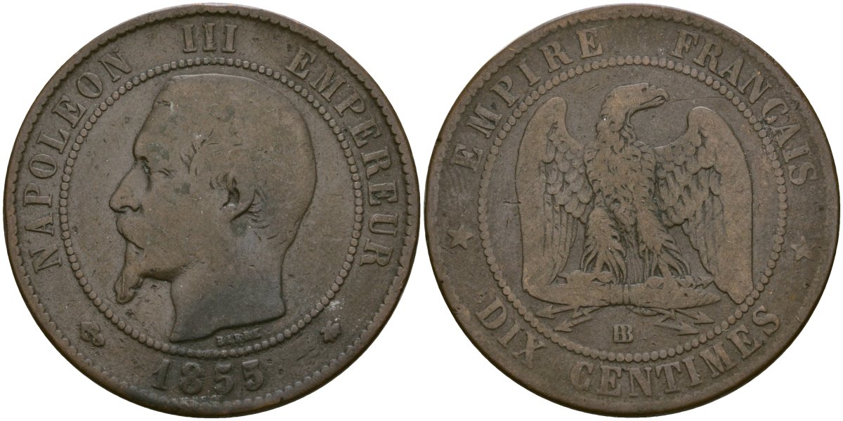 Франция 10 сантимов 1855 BB - Страсбург, Наполеон III (1852 - 1870) KM 771 бронза 4168-541