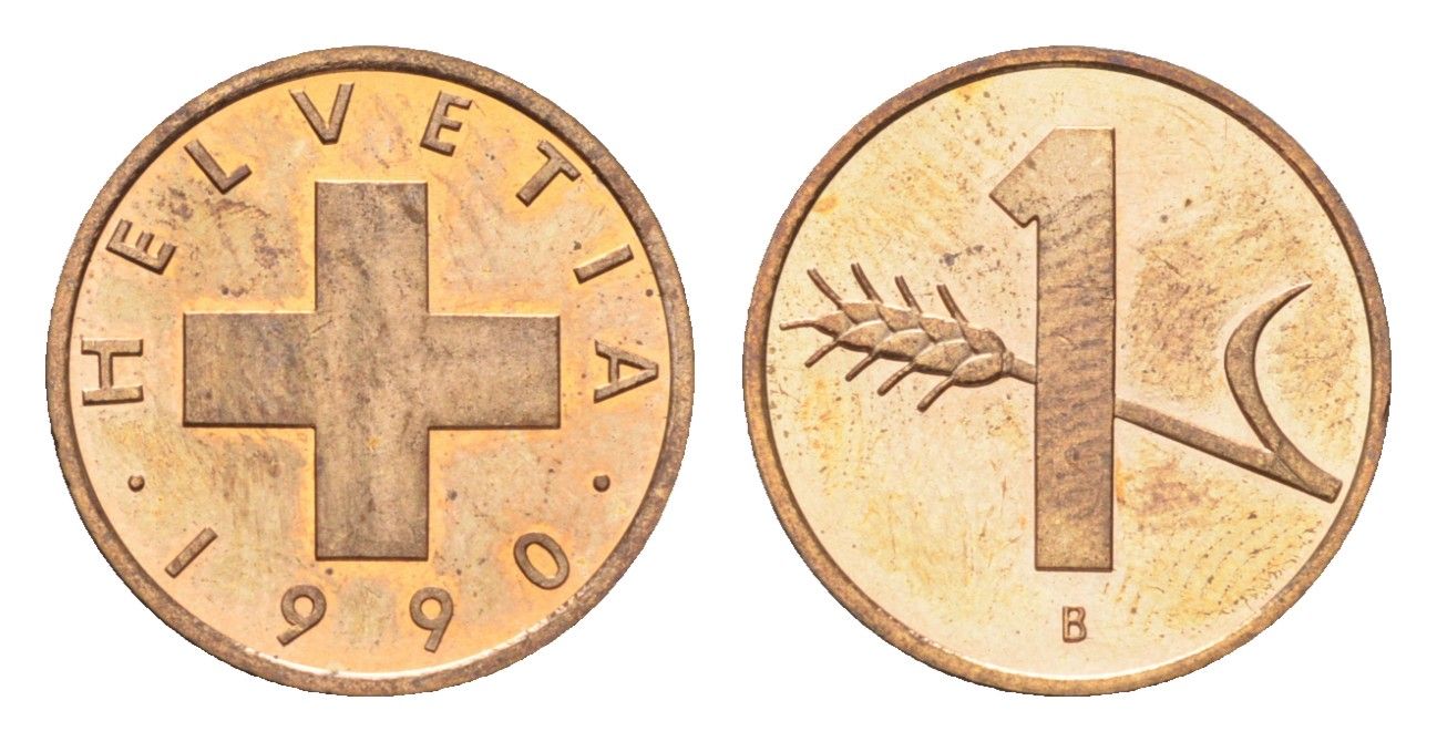 Швейцария 1 раппен 1990 B KM 46 бронза UNC 4708-314
