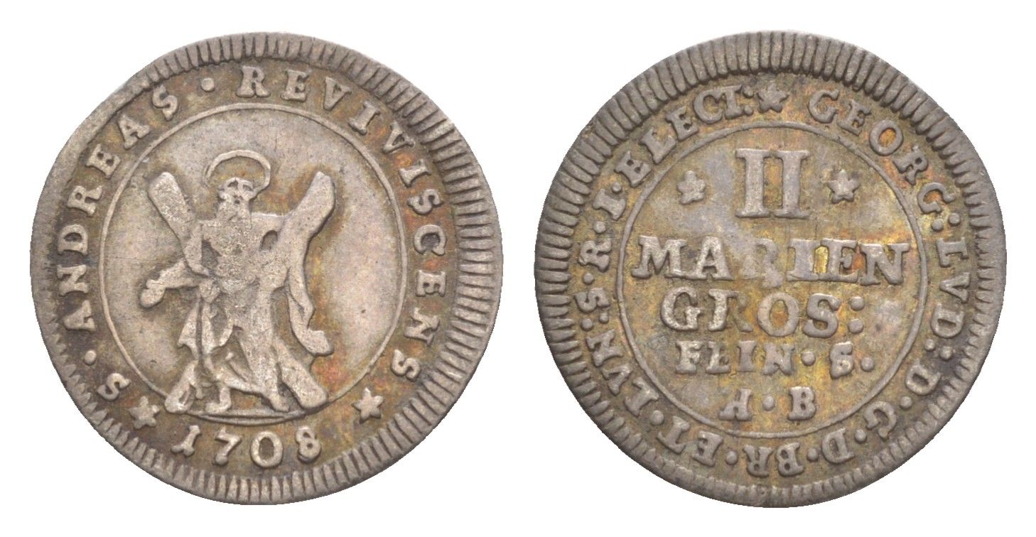 Брауншвейг-Каленберг-Ганновер 2 мариенгроша 1708 HB, Георг I (1698-1727), из коллекции Ричарда Б. Смита Welter 2201, KM 52 серебро 1525-824