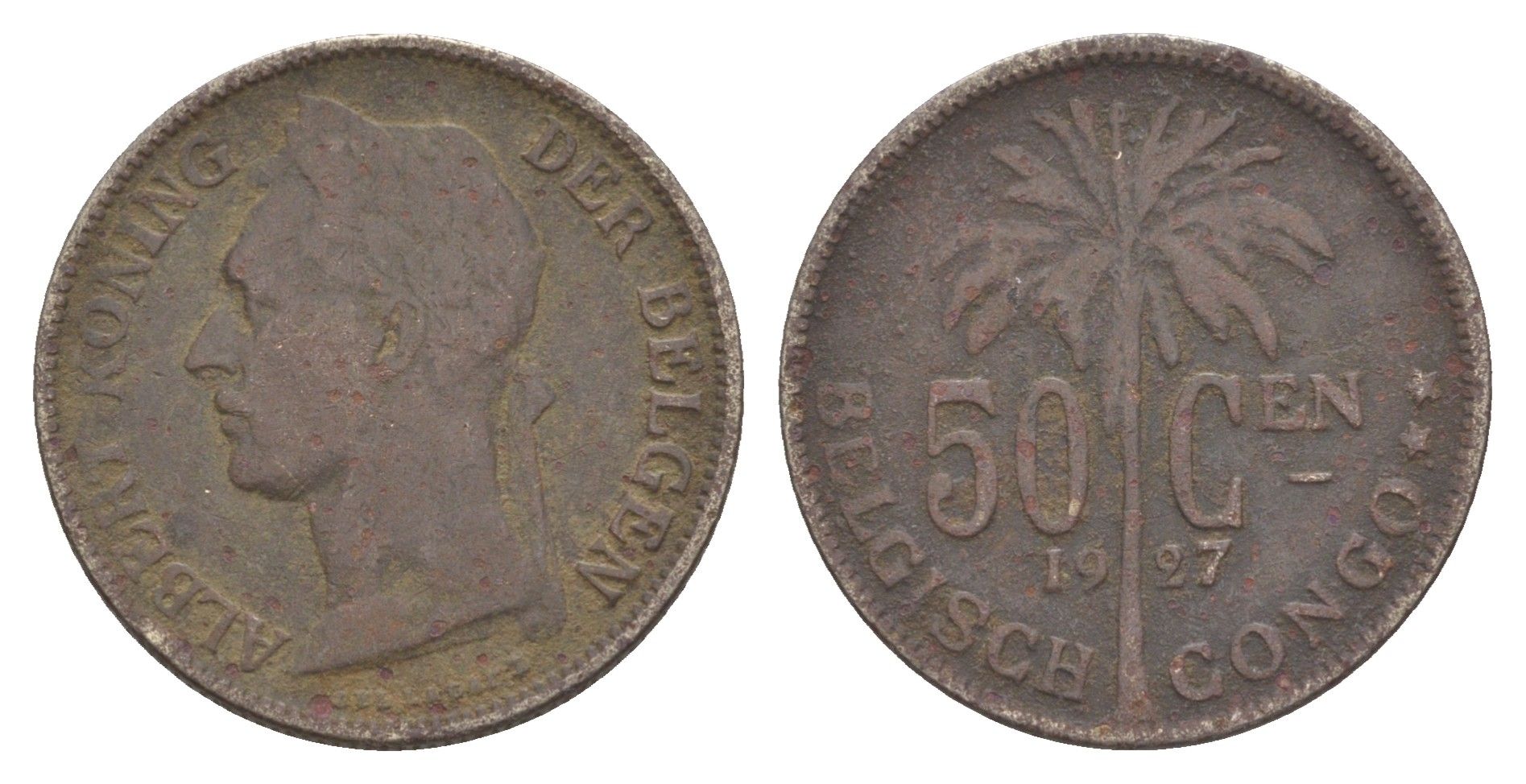 Бельгийское Конго 50 сантимов 1927 Надпись на голландском - 'ALBERT KONING DER BELGEN' KM 23 медно-никель 4650-431