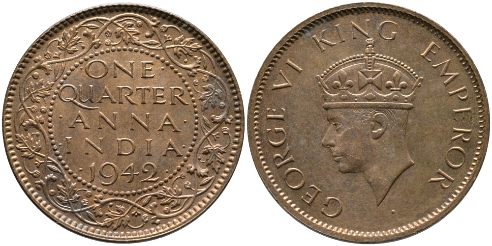 Британская Индия 1/4 анна 1942 Георг VI (1937-1952) KM 531 бронза aUNC 3999-756