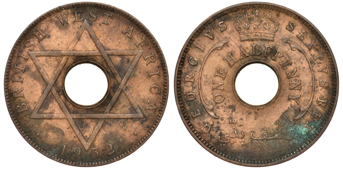 Британская Западная Африка 1/2 пенни 1952 H, Георг VI KM 27a бронза 25-1336