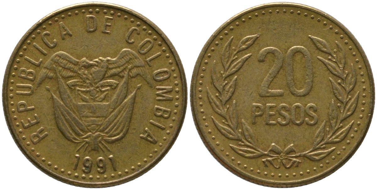 Колумбия 20 песо 1991 KM 282 алюминиевая бронза 4528-1117