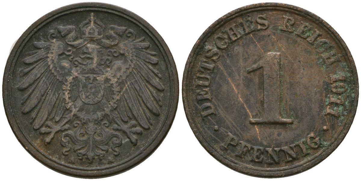 Германия 1 пфенниг 1911 A, Вильгельм II (1888-1918) KM 10, J. 10 медь 4608-116
