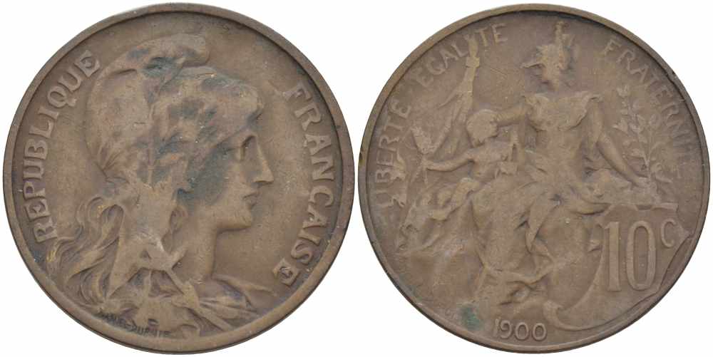Франция 10 сантимов 1900 тип Даниэль Дюпюи KM 843, LA FRANC 136.9 бронза 109-135