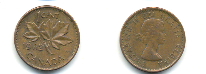 Канада 1 цент 1962 Елизавета II (1952-2022), кленовый лист  KM 49 бронза 177-1324