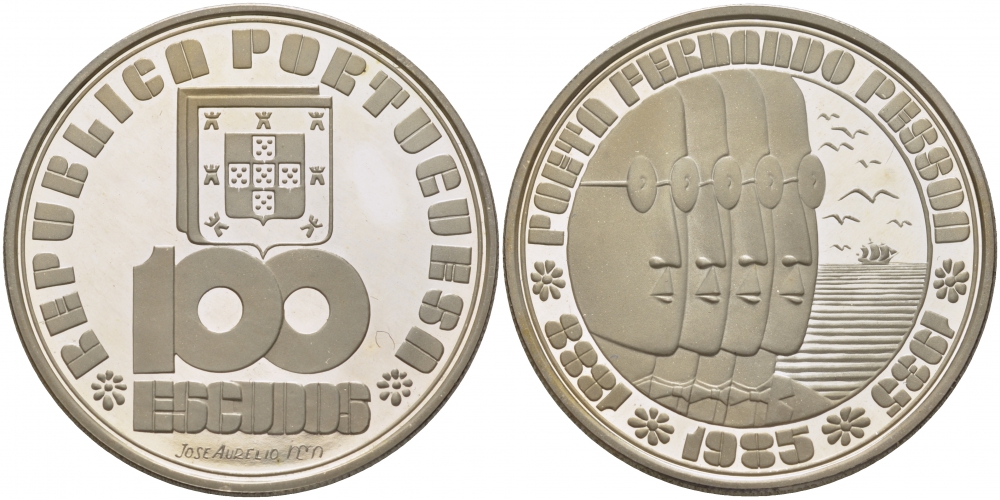 Португалия 100 эскудо 1985 50 лет со дня смерти Фернандо Пессоа, тираж 5000 экземпляров KM 628 a серебро PROOF 1077-5-23