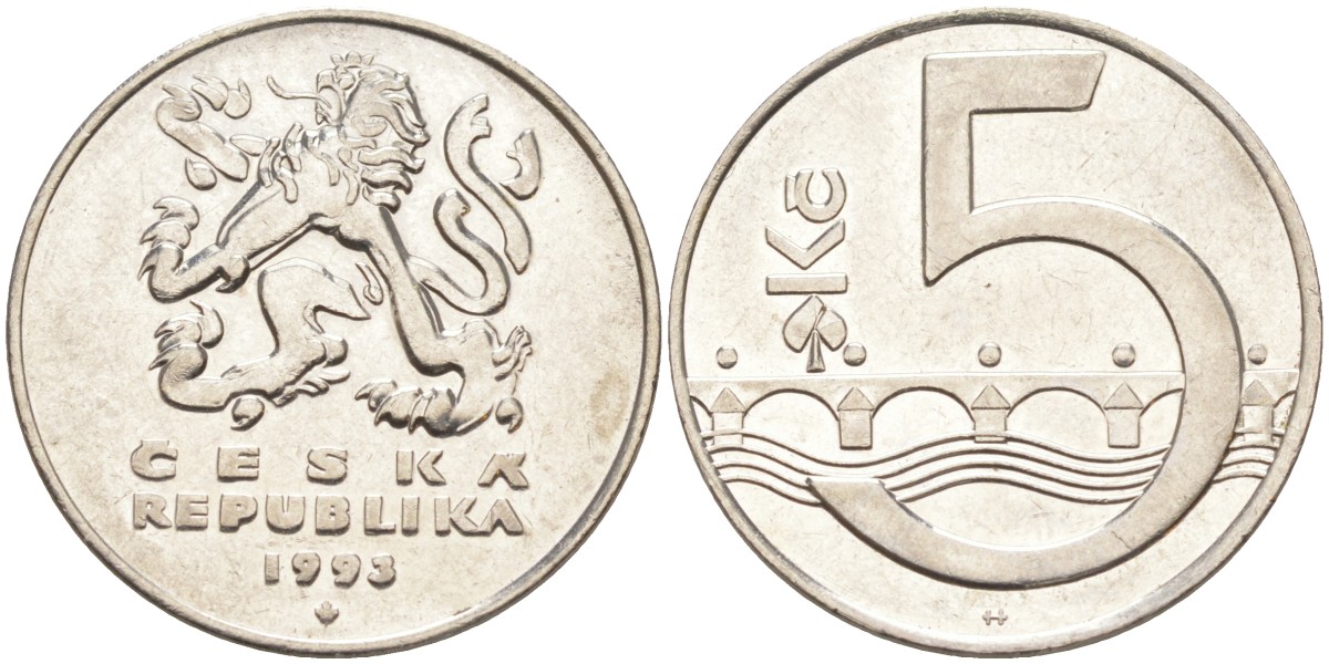 Чехия 5 крон 1993 чешский лев, Карлов мост KM 8 сталь плакированная никелем 65-843