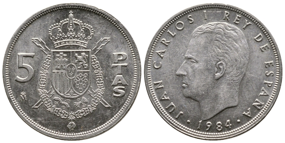ИСПАНИЯ 5 ПЕСЕТ 1984 ХУАН КАРЛОС I (1975-) KM 823 медно-никель 4110-1524