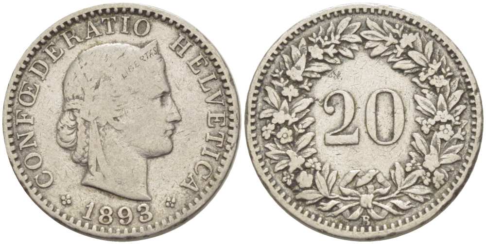 ШВЕЙЦАРИЯ 20 РАППЕНОВ 1893 В KM 29 никель 4513-237