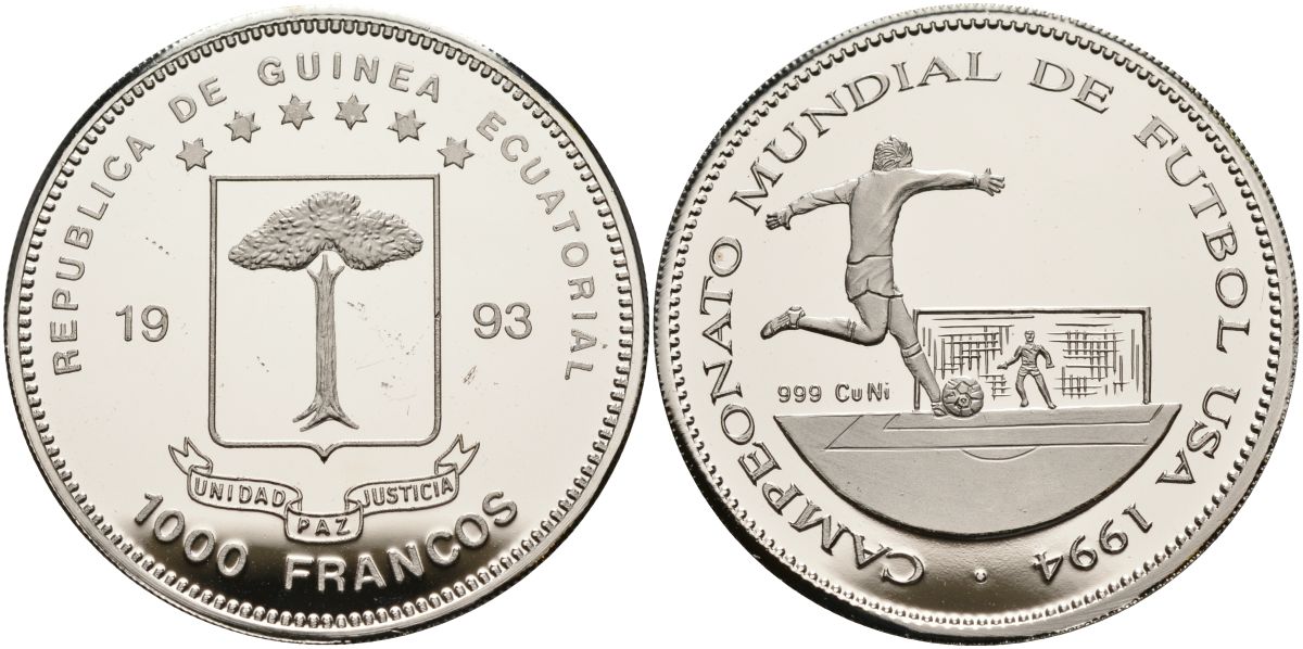 Экваториальная Гвинея 1000 франков 1993 чемпионат мира по футболу 1994 года в США KM 131 медно-никель PROOF 11-155-25