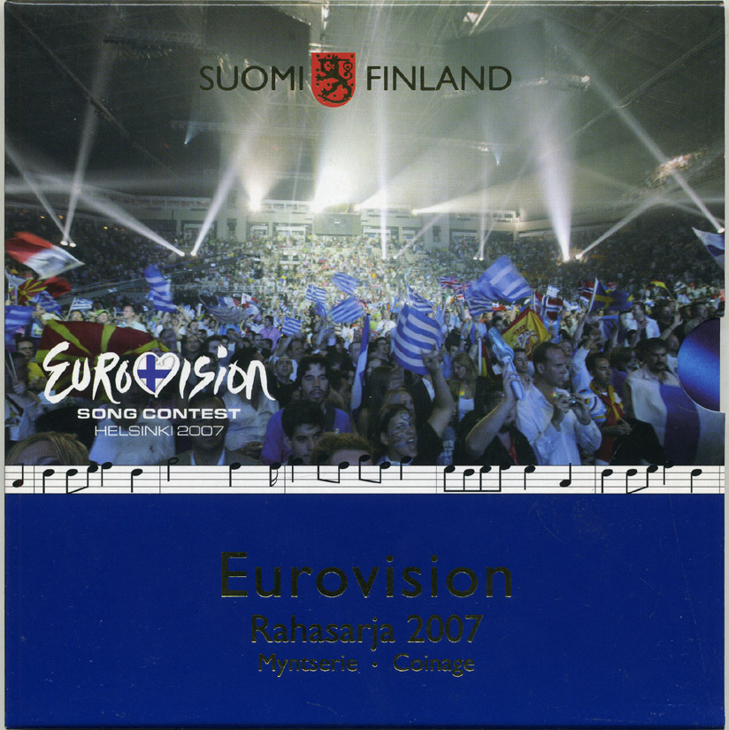 Финляндия евронабор из 8 монет + жетон 2007 конкурс Евровидение, Хельсенки 2007, официальный набор в оригинальном буклете KM MS 87 биметалл  UNC  5-6-1-06