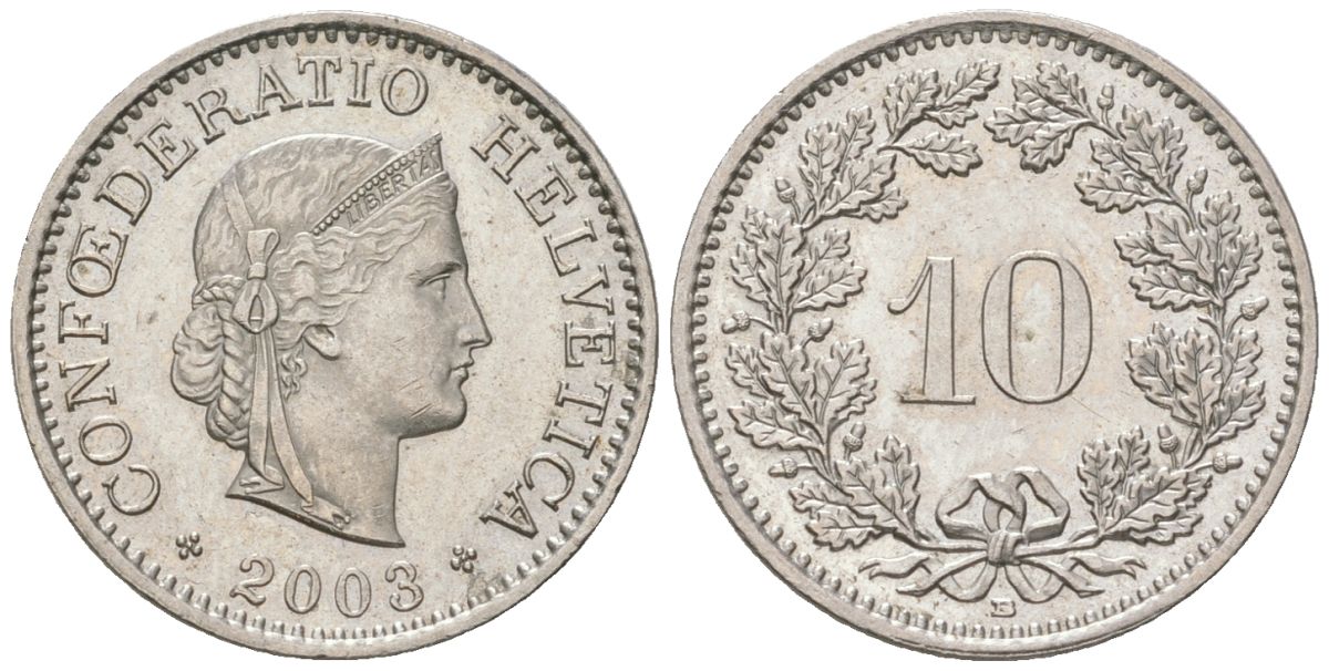 Швейцария 10 раппенов 2003 B KM 27 медно-никель UNC 220-1222