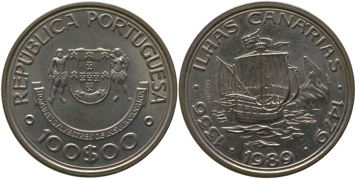 Португалия 100 эскудо 1989 INCM, Золотой век открытий - Открытие Канарских островов KM 646 медно-никель aUNC 4587-1233
