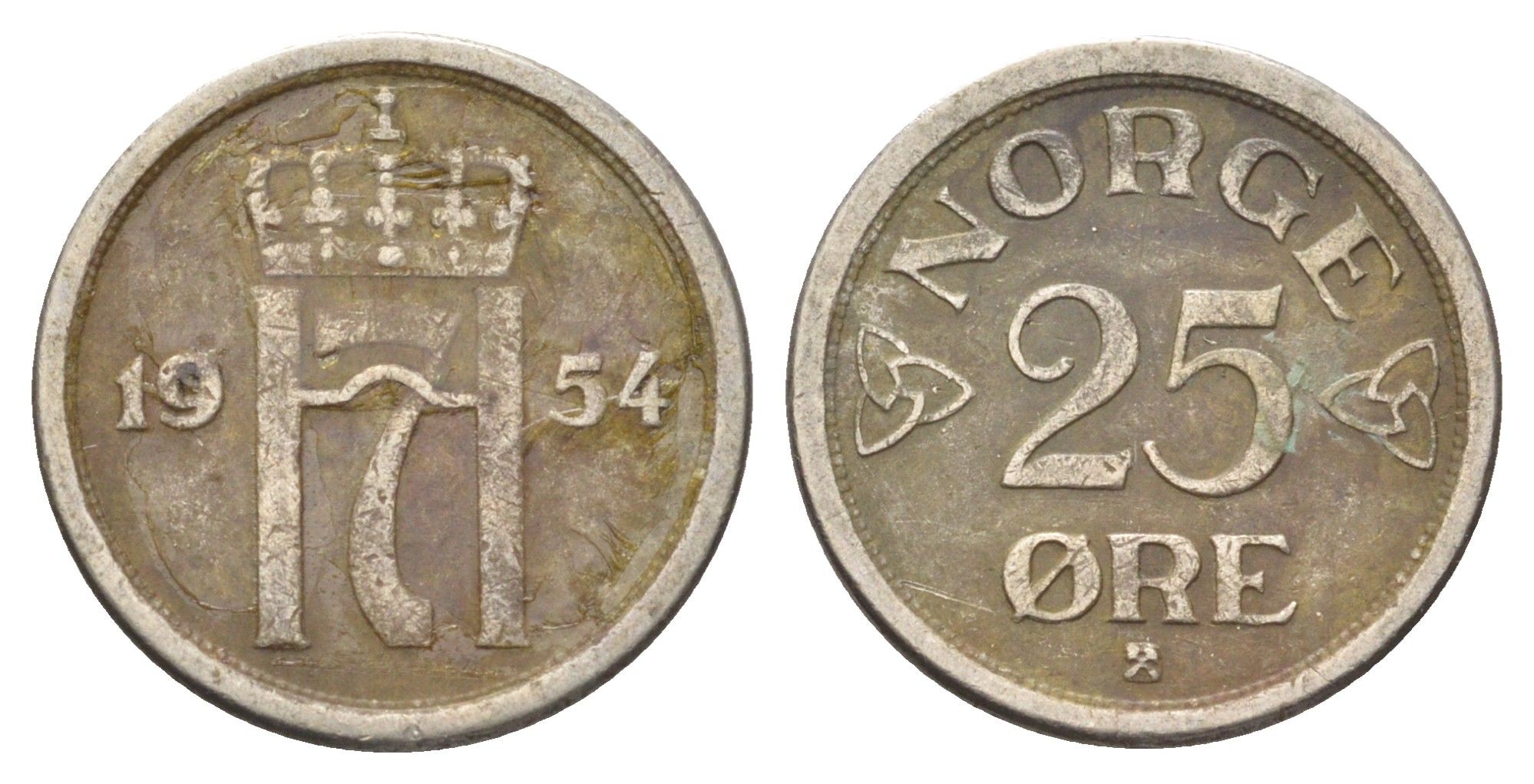 Норвегия 25 эре 1954 Хокон VII (1905-1957) KM 401 медно-никель 4701-546