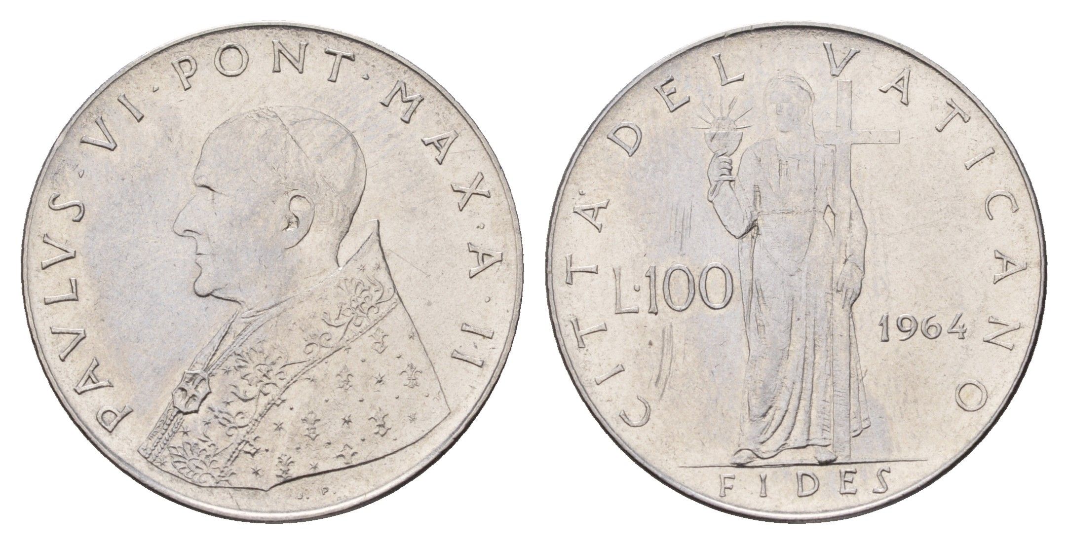 Ватикан 100 лир 1964 Павел VI (1963-1978) KM 82 нержавеющая сталь UNC 4671-1014