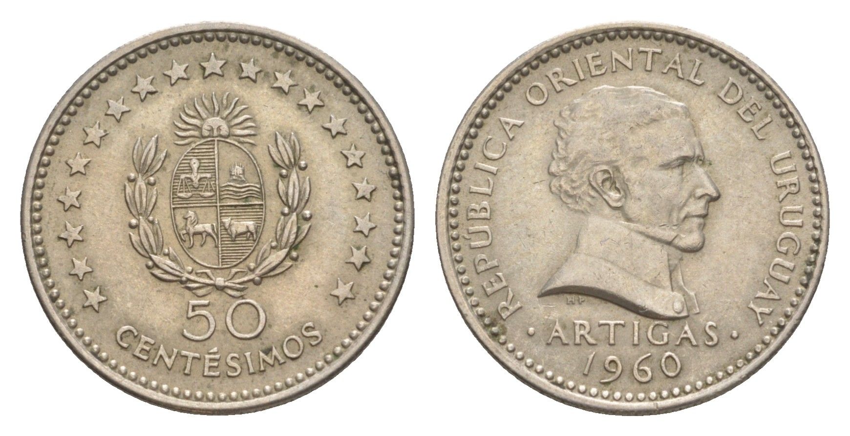 Уругвай 50 сентесимо 1960 KM 41 медно-никель 4637-256