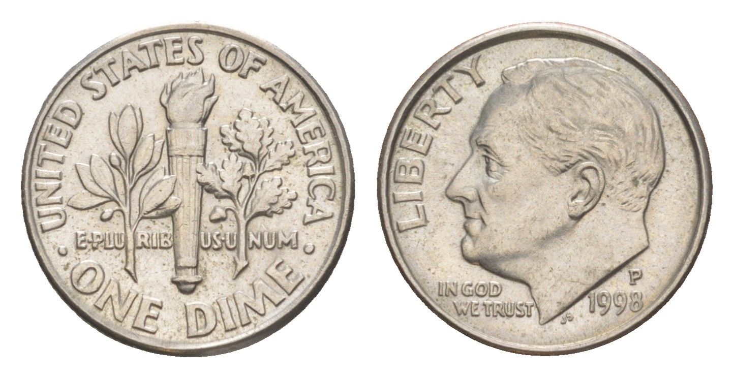 США 1 дайм (10 центов) 1998 P, президент Рузвельт KM 195a медь плакированная медно-никелем 4649-1257